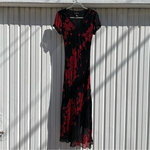 MAJICK vintage black sheer red floral‎ sequin lace trim short sleeve midi maxi